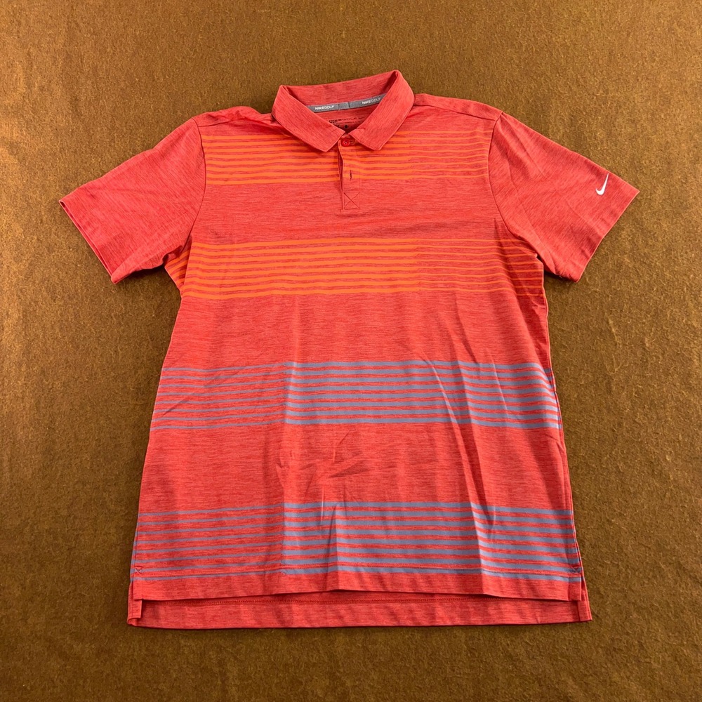 Nike Mens Large Red Striped Dri-FIT Short Sleeve Golf Polo Shirt